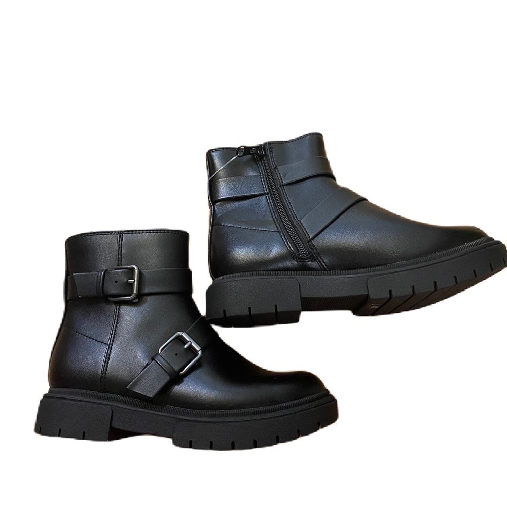 Cat & Jack Double Buckle Moto Boots NEW Sz 1 Kids Black Zip Up Heeled